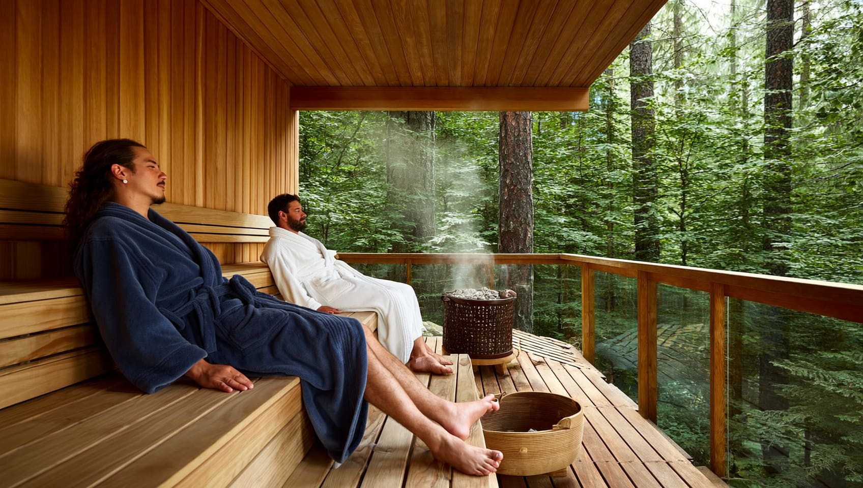 Two guests in robes relaxing on a wood-fired sauna deck overlooking the forest